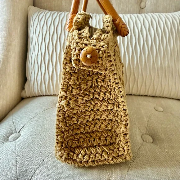 Fossil Vintage Straw Raffia Handbag Floral Lining Wood Handles - Picture 4 of 9